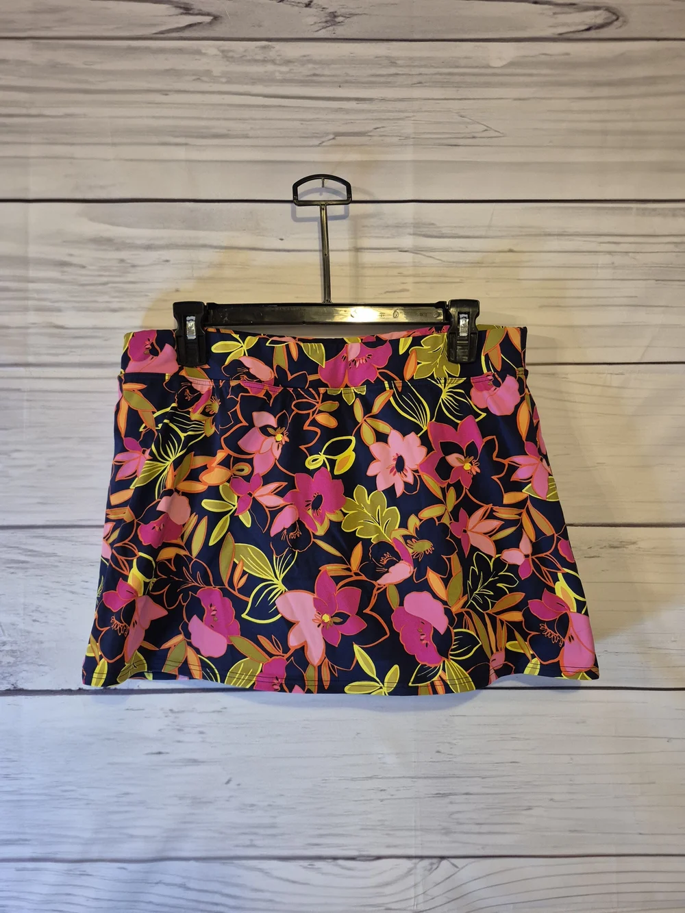 Lands' End Navy Swim Skirt with Pink & Yellow Tropical Floral Print 12 Petite